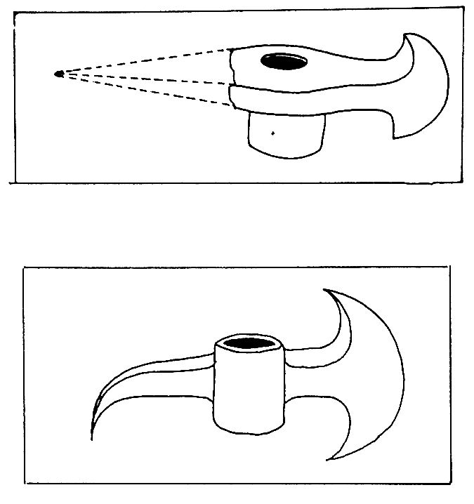 Skythische Sicheläxte (Fund und Rek.)T14A1u2.jpg - Skythische Streitäxte mit gekrümmtem Dorn sind m.W. nie aufgefunden worden.